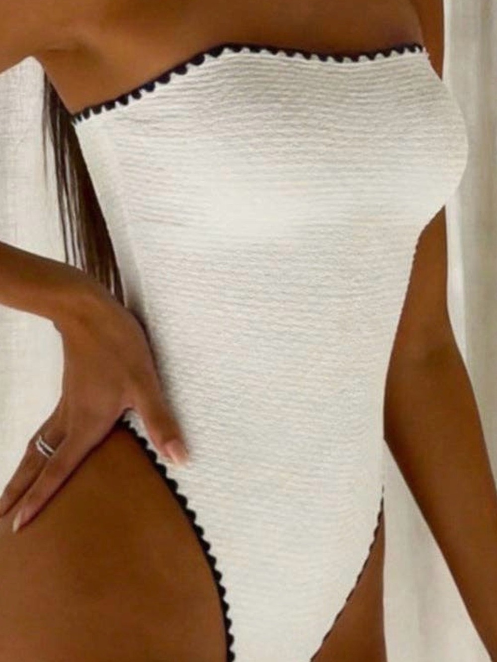 White Textured Strapless High-Cut One-Piece Swimsuit with Black Trim